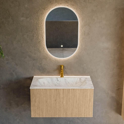 MONDIAZ KURVE-DLUX 80cm badmeubel kleur Oak met 1 lade. Wastafel BIG SMALL midden 1 kraangat kleur Glace.