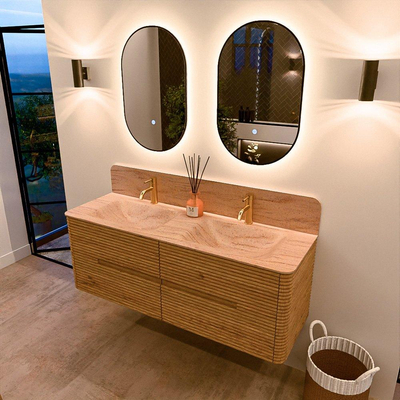 Mondiaz CIRO-DLUX Ensemble de meubles de salle de bains - 140x45x50cm - Plan vasque solid surface Saba - 2 vasques double - 2 trous de robinetterie - 4 tiroirs - Chêne