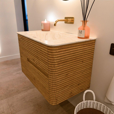 Mondiaz CIRO-DLUX Badkamermeubelset - 80x45x50cm - Solid surface wastafel Ostra - 1 wasbak Midden - zonder kraangaten - 2 lades - Oak