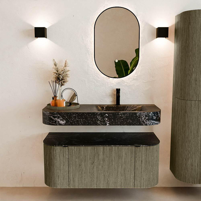 MONDIAZ THOR-DLUX 110cm badmeubel ronding links + rechts kleur Shadow met 1 lade en 2 deuren. Vrijhangende wastafel CLOUD Rechts 1 kraangat kleur Lava.