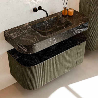 MONDIAZ THOR-DLUX 110cm meuble de salle de bains arrondi gauche + droite couleur Shadow avec 1 tiroir et 2 portes. Vasque suspendue CLOUD Milieu sans trou de robinet couleur Lava.