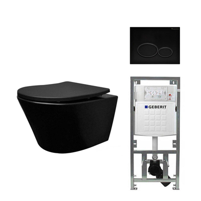 Wiesbaden Vesta ensemble de toilettes Rimless 52cm noir mat réservoir encastré Geberit abattant de toilette softclose et quickrelease avec plaque de commande noir brillant