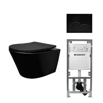 Wiesbaden Vesta toiletset Rimless 52cm mat zwart Geberit inbouwreservoir softclose en quickrelease toiletzitting met bedieningsplaat glans zwart
