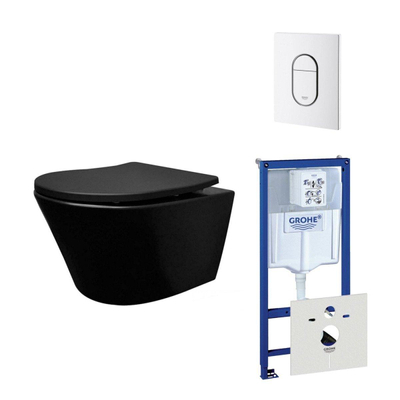 Wiesbaden Vesta Pack WC sans bride 52cm noir mat avec réservoir encastrable Grohe et abattant frein de chute et déclipsable avec plaque de commande blanc