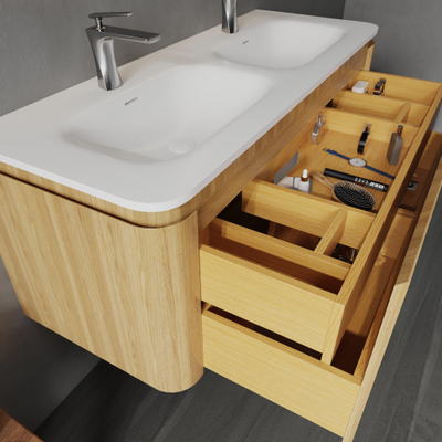 Saniclass Terra Ensemble meuble de salle de bain - 120x42x45,5 cm - lavabo en surface solide blanc mat - 2 vasques - 2 trous de robinet - 2 tiroirs - Sandwood (chêne clair)