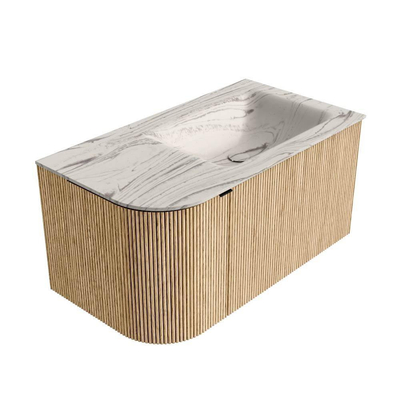 MONDIAZ KURVE-DLUX Meuble de salle de bains 85cm arrondi à gauche couleur Oak avec 1 tiroir et 1 porte. Lavabo CLOUD à droite 1 trou de robinet Nata.