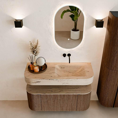 MONDIAZ THOR-DLUX 110cm badmeubel ronding links + rechts kleur Walnut met 1 lade en 2 deuren. Vrijhangende wastafel CLOUD Rechts zonder kraangat kleur Arena.