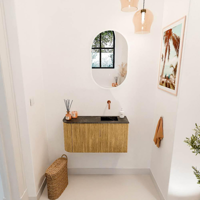 Mondiaz JOYA-DLUX 81.6cm toiletmeubel - ronding links kleur Oak - Wastafel FAYE positie Rechts Zonder kraangat kleur Lava.