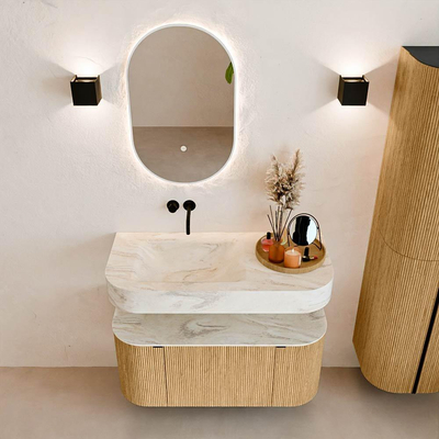 MONDIAZ THOR-DLUX 100cm badmeubel ronding links + rechts kleur Oak met 1 lade en 2 deuren. Vrijhangende wastafel CLOUD Links zonder kraangat kleur Ostra.