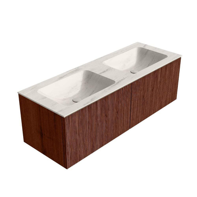 MONDIAZ KURVE-DLUX Meuble de salle de bains 130cm couleur Ruby avec 2 tiroirs et 0 portes. Lavabo LEAF Double sans trou de robinet Meli.