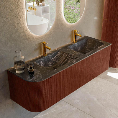 Mondiaz KURVE-DLUX Ensemble meuble de salle de bains - 145x46x40cm - 1 tiroir - 1 porte - vasque solid surface - double / droite - 2 trous de robinet - Ruby