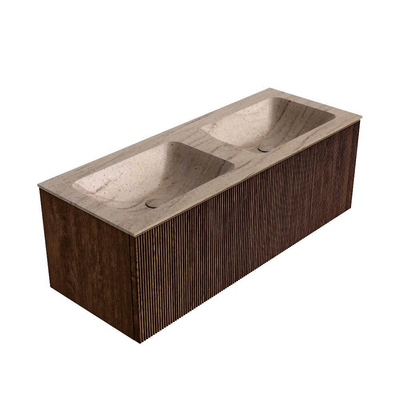 MONDIAZ KURVE-DLUX 120cm badmeubel kleur Walnut met 1 lade en 0 deuren. Wastafel LEAF Dubbel zonder kraangat Saba.