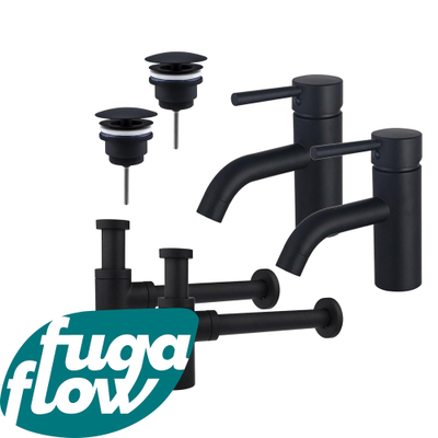 FugaFlow Eccelente Sobrado Badkamer Wastafelkraanset - voor dubbele wastafel - lage wastafelkraan - always open plug - design sifon - Mat zwart