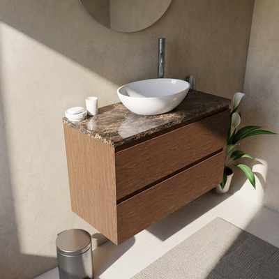 Saniclass Holz Pure Ensemble meuble de salle de bains - 100x45x63cm - Plan de travail en pierre naturelle Noche dark emperador - 1 trou de robinet - 2 tiroirs - noyer pure mat (bois)