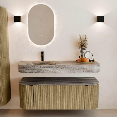 MONDIAZ THOR-DLUX 130cm meuble de salle de bains arrondi gauche + droite couleur Dusk avec 1 tiroir et 2 portes. Vasque suspendue CLOUD gauche 1 trou de robinet couleur Oza.