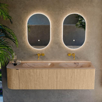 MONDIAZ KURVE-DLUX Meuble de salle de bains 165cm courbure à gauche couleur Chêne avec 2 tiroirs et 1 porte. Plan-vasque STOR SMALL Double / Droite sans trou de robinet Arena.