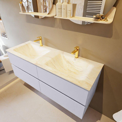 Mondiaz VICA-DLUX Ensemble de meuble de salle de bain - 130cm - meuble sous-vasque cale - 4 tiroirs - lavabo encastrée cloud double - 2 trous de robinet - version haute de 60cm - ostra