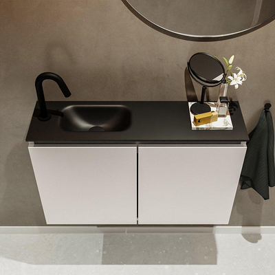MONDIAZ TURE Fonteinset - 80x23x50cm - 1 kraangat - 2 deuren - linen mat - Wasbak links - Solid Surface Zwart