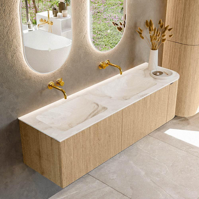MONDIAZ KURVE-DLUX 155cm badmeubel met module 25 R kleur Oak met 2 lades en 1 deur. Wastafel LEAF dubbel / links zonder kraangat kleur Frappe.