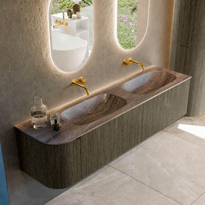 MONDIAZ KURVE-DLUX Meuble de salle de bains 175cm arrondi à gauche couleur Shadow avec 2 tiroirs et 1 porte. Lavabo STOR SMALL Double / Droite sans trou de robinet Oza.