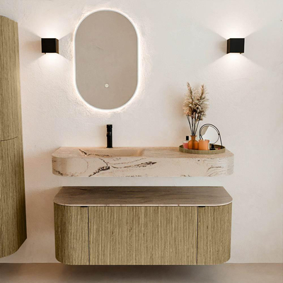 MONDIAZ THOR-DLUX 120cm meuble de salle de bains arrondi gauche + droite couleur Dusk avec 1 tiroir et 2 portes. Vasque suspendue CLOUD Gauche 1 trou de robinet couleur Arena.