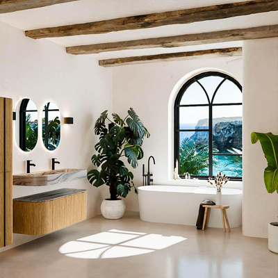 MONDIAZ THOR-DLUX 120cm meuble de salle de bains arrondi gauche + droite couleur Oak avec 1 tiroir et 2 portes. Vasque suspendue CLOUD Double 2 trous de robinet couleur Sombra.