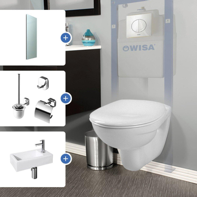 Voordeelset bestaande uit: Adema toiletset, Differenz fonteinset, Geesa toilet accessoireset en Saniclass spiegel