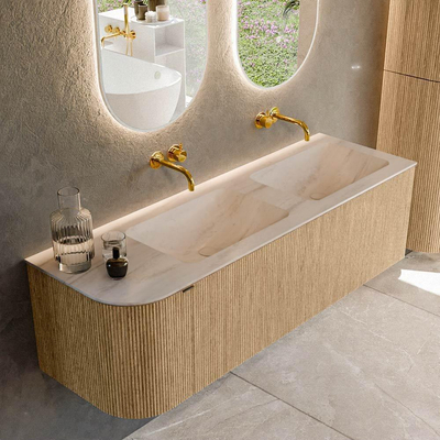 MONDIAZ KURVE-DLUX Meuble de salle de bains 145cm courbure gauche couleur Chêne avec 1 tiroir et 1 porte. Lavabo LEAF Double / Droite sans trou de robinet Meli.