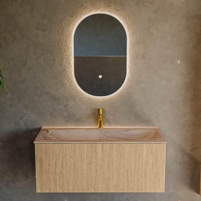 MONDIAZ KURVE-DLUX 100cm badmeubel kleur Oak met 1 lade en 0 deuren. Wastafel BIG MEDIUM Midden 1 kraangat Arena.