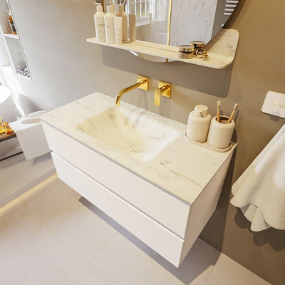 Mondiaz VICA-DLUX ensemble de meuble de salle de bain - 100cm - meuble sous lavabo talc - 2 tiroirs - lavabo encastré cloud milieu - sans trous de robinet - version haute de 60cm - opalo