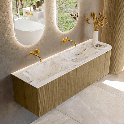 Mondiaz KURVE-DLUX Badkamermeubelset - 155x46x40cm - 2 lade - 1 deur - wastafel solid surface - dubbel / links - zonder kraangat - Dusk