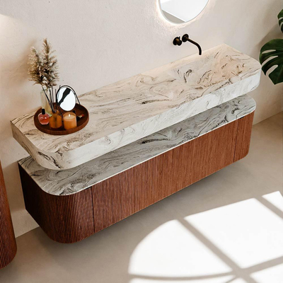 MONDIAZ THOR-DLUX 170cm meuble de salle de bains arrondi gauche + droite couleur Ruby avec 1 tiroir et 2 portes. Vasque suspendue CLOUD Droite sans trou de robinet couleur Glace.