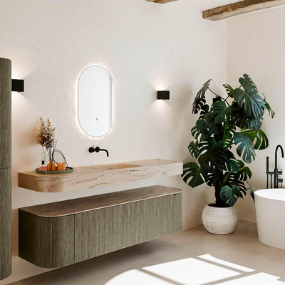 MONDIAZ THOR-DLUX 170cm meuble de salle de bains arrondi gauche + droite couleur Shadow avec 1 tiroir et 2 portes. Vasque suspendue CLOUD Milieu sans trou de robinet couleur Arena.