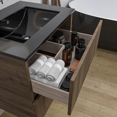Adema Chaci Ensemble de meuble - 60x46x57cm - 1 vasque en céramique noire - sans trous de robinet - 2 tiroirs - armoire de toilette - Noyer