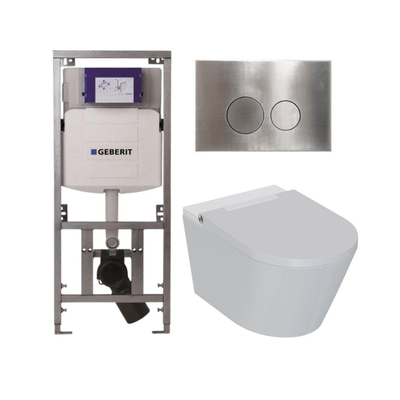 QeramiQ Luma Ensemble WC-douche - réservoir encastré Geberit UP320 - avec châssis Burda - sèche-cheveux - douchette féminine - plaque de commande en inox - boutons ronds - blanc brillant