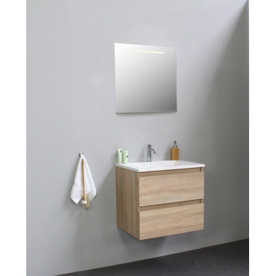 Basic Bella Badkamermeubelset - 60x55x46cm - 1 wasbak - Acryl - Wit - 1 kraangat - Wandspiegel met verlichting - Spaanplaat Eiken
