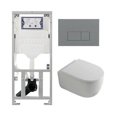 QeramiQ Dely Swirl Pack WC suspendu - 36.3x51.7cm - bâti-support Geberit UP320 - abattant 35mm - plaque de commande gris clair - boutons rectangulaires - blanc brillant