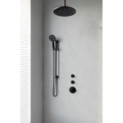 Saniclass Brauer Black Set de douche à encastrer thermostatique avec douche de tête 30cm bras plafond et douchette 3 jets sur barre de douche noir mat
