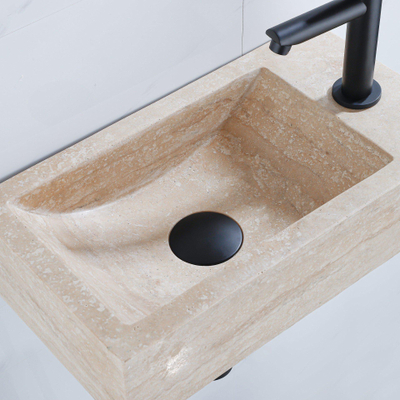 Saniclass Fuente Ensemble de fontaine - 40x22x10cm - trou de robinet à droite - robinet de fontaine noir mat - bouchon de vidange - siphon abaissé - pierre naturelle mouchetée