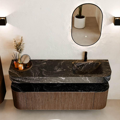 MONDIAZ THOR-DLUX 160cm meuble de salle de bains arrondi gauche + droite couleur Walnut avec 1 tiroir et 2 portes. Vasque suspendue CLOUD Droite 1 trou de robinet couleur Lava.