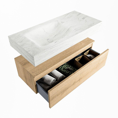 Mondiaz ALAN-DLUX Ensemble de meuble - 100cm - meuble Washed Oak mat - 1 tiroir - Lavabo Cloud Opalo suspendu - vasque Gauche - 0 trous de robinet