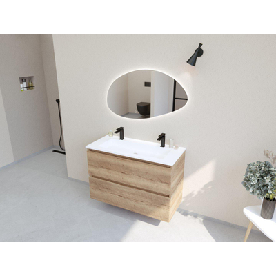 HR Infinity XXL ensemble de meubles de salle de bain 3d 100 cm 1 vasque céramique fine blanc mat 2 trous de robinetterie 2 tiroirs chêne français
