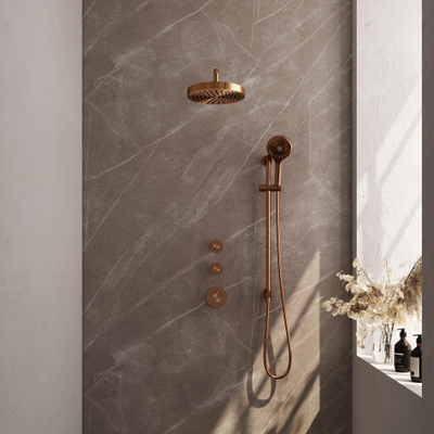 BRAUER Stripe Thermostatische Inbouw Regendouche - SET 11 - 25cm douchekop - gebogen muurarm - 3-standen handdouche - doucheslang - geïntegreerde glijstang - koper geborsteld PVD