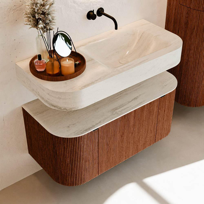 MONDIAZ THOR-DLUX 100cm meuble de salle de bains arrondi gauche + droite couleur Ruby avec 1 tiroir et 2 portes. Vasque suspendue CLOUD Droite sans trou de robinet couleur Meli.