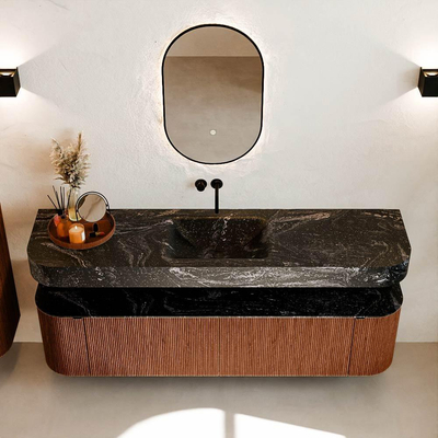 MONDIAZ THOR-DLUX Meuble de salle de bains - 180cm - arrondi gauche + droite - couleur Ruby - 2 tiroirs et 2 portes - Vasque suspendue CLOUD Milieu sans trou de robinet couleur Lava