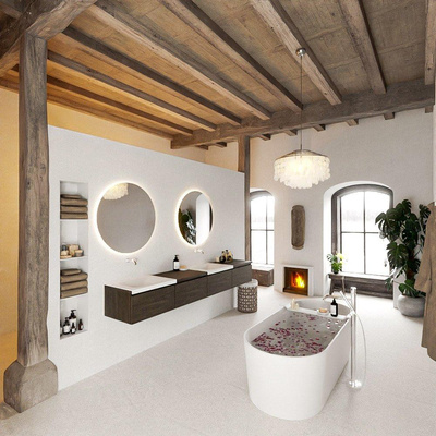 MONDIAZ BUKLA 240cm ensemble de meuble avec module 60 à droite couleur Marron Foncé avec 4 tiroirs. Lavabo CLOUD double 0 trous de robinet couleur Talc.