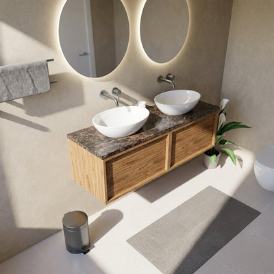 Saniclass Holz Frame Ensemble de meubles de salle de bains - 140x45x43cm - Plan de travail en pierre naturelle Noche dark emperador - sans trou de robinetterie - 2 tiroirs - chêne natural mat (bois)