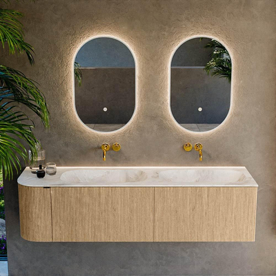 MONDIAZ KURVE-DLUX meuble de salle de bains 165 cm avec module 25 L couleur Oak avec 2 tiroirs et 1 porte. Lavabo STOR SMALL double / à droite sans trou de robinet couleur Frappe.