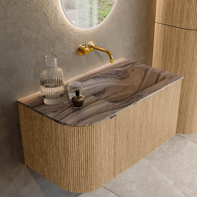 MONDIAZ KURVE-DLUX 85cm badmeubel ronding Links kleur Oak met 1 lade en 1 deur. Wastafel CLOUD Rechts zonder kraangat Sombra.