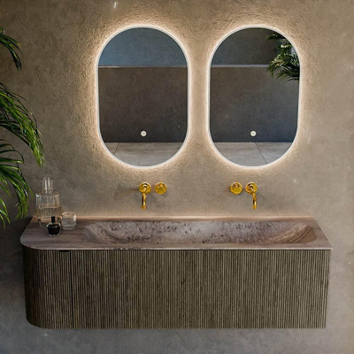 MONDIAZ KURVE-DLUX meuble de salle de bains 145cm arrondi à gauche couleur Shadow avec 1 tiroir et 1 porte. Lavabo BIG LARGE à droite sans trou de robinet Oza.